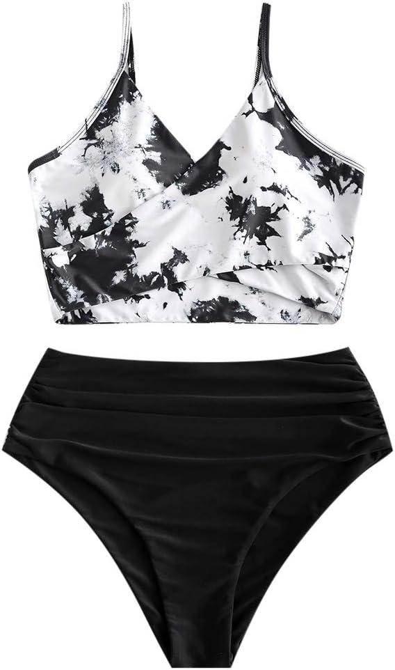 ZAFUL Women's Ruched High Waisted Tankini Swimsuit Criss Cross Bikini Set Tummy Control Bathing Suit (Large)