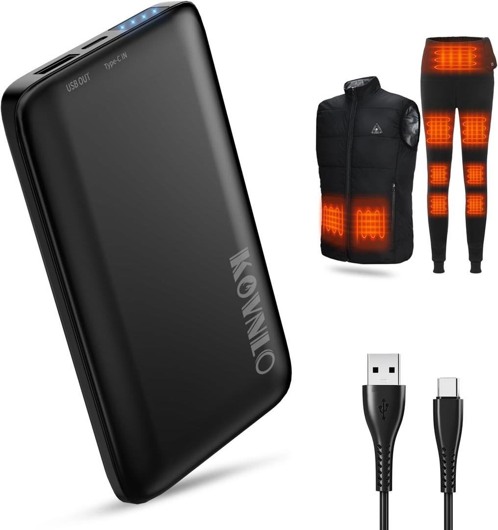 KOVNLO Battery Pack for Heated Vest, Ultra Thin Portable 5V 2A 10000mAh USB Power Bank, Charger for Heated Jacket,iPhone, Android