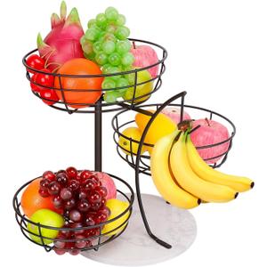 Livabber Fruit Basket Bowl with Banana Hanger, Metal Fruit Vegetable Storage Basket with Banana Holder for Kitchen Counter, Detachable Organizer for Bread Snack Produce (Black, 3-Tier Marble Base)