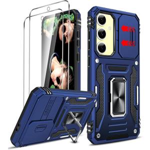 LeYi Compatible for Samsung Galaxy S24-FE Case: Samsung Galaxy S 24FE Screen Protector Tempered Glass X 2 & Magnetic Stand, Heavy Duty Protective S 24 FE Cell Galaxy S24 FE Phone Case, Navy Blue