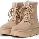 Celbreez Snow Boots Platform Boots Winter Boots for Women Mid Calf Lace up Women's Boot Cozy Boots Fleece Lined Boots Trending Shoes for Womens Warm Faux Fur Shoes (Size 7, Apricot)