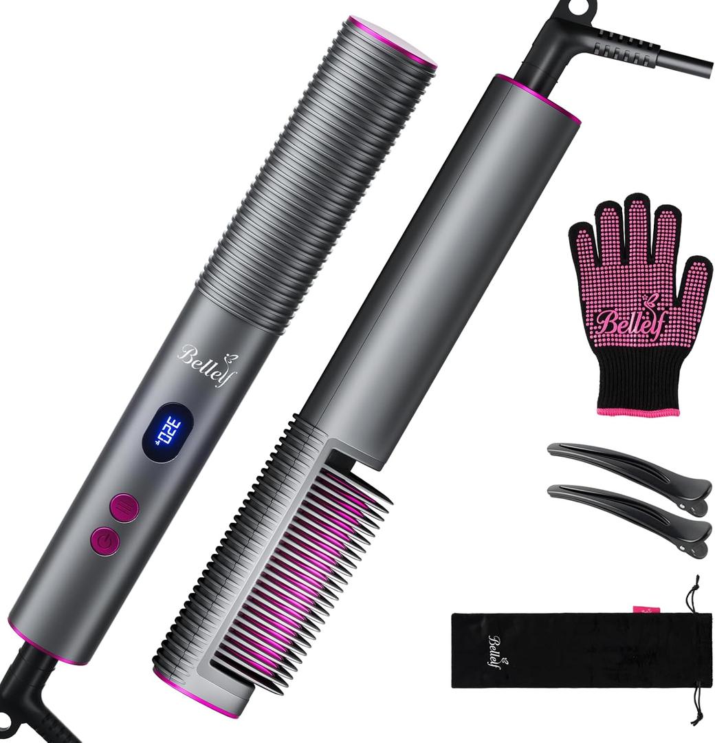 Bellelf Hair Straightener Brush, 9 Temp Settings with LED Display, 30s Fast Heating for Sleek & Smooth Hair, Dual Voltage Travel Hot Comb with 3D Brush Teeth, Portable Hair Styling Tool for Women
