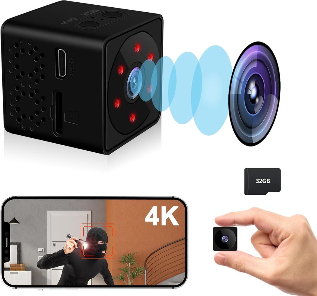 Spy Camera WiFi or No WiFi Optional, 4K Mini Security Camera with 32GB Memory Card, Indoor Cameras for Home Security, 160 Wide-Angle, Night Vision, Motion Detection, for Indoor Outdoor(Deep Black)