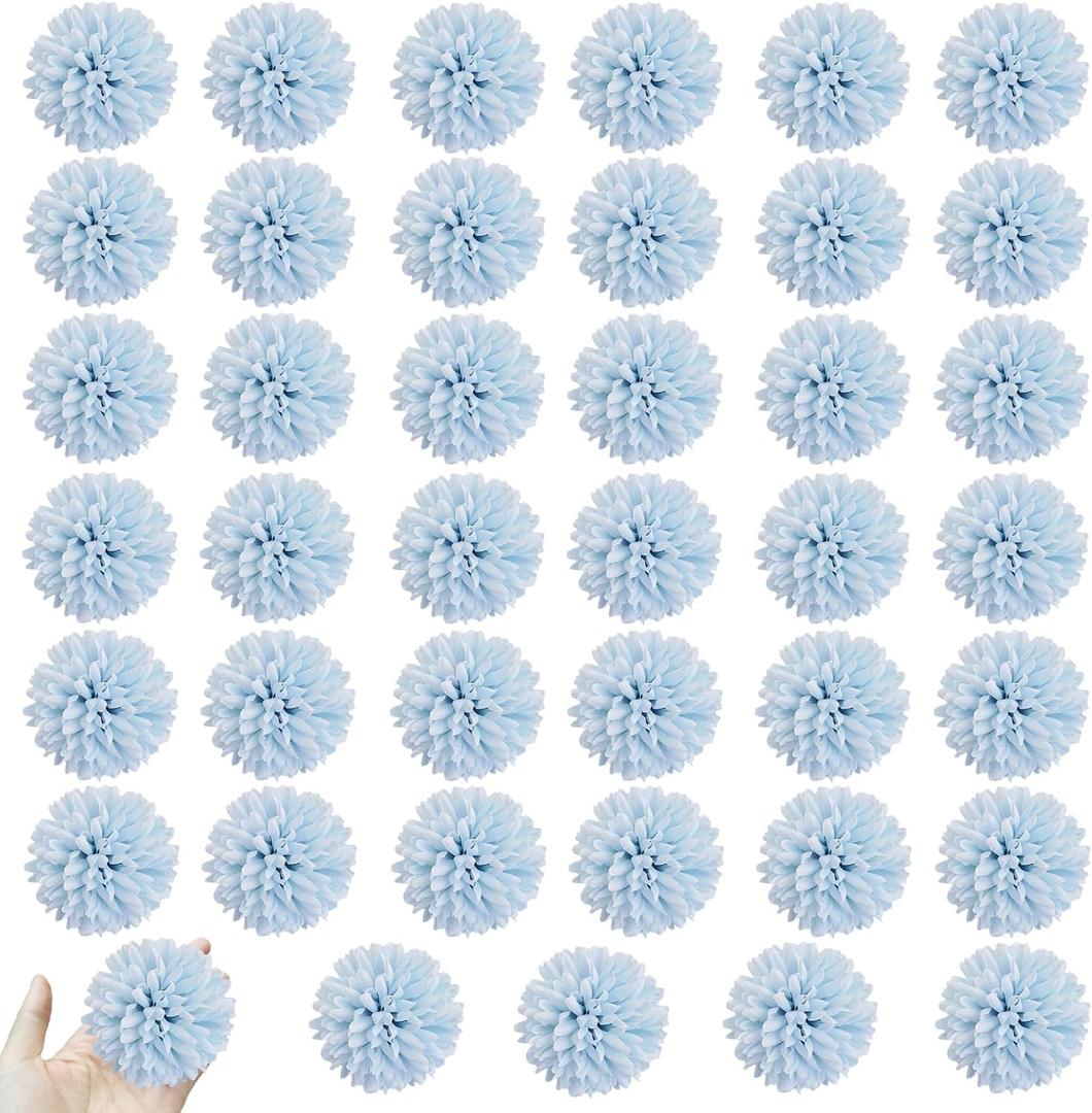 HinyoCo 40 Pcs Artificial Chrysanthemums Heads Ball Flowers,Silk Chrysanthemum Ball Hydrangea Heads No Stems for Home Office Coffee House Parties and Wedding (Light Blue)