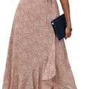 PRETTYGARDEN Women's Summer Maxi Dress Casual Wrap Floral Boho Short Sleeve V Neck Split Ruffle Beach Long Dresses (Medium, Brown)