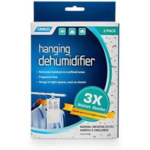 Camco 44286 Fragrance Free Hanging Dehumidifier-Convenient Hook Absorbs up to 3x Its Weight in Water, Reduces Moisture and Humidity in Closets and Tightly Confined Spaces, 2 Pack