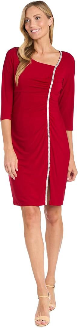 R&M Richards Elegant Knee Length 3/4 Sleeve Asymmetric Neckline Dress W/ & Rhinestone Trim & Slit (12)