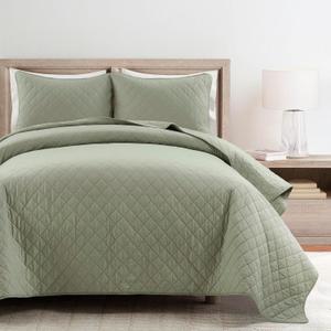 Ava Diamond Oversized Cotton Quilt Set 3 Piece Set King Sage - Solid Bedding Set - Green Quilt - Lightweight Bedspread - Modern Minimalist Bedroom Decor