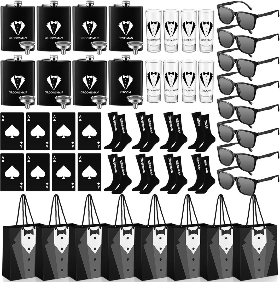 Maxcheck 48 Pcs Groomsmen Gifts Set Groomsmen Proposal Bags with 8 Tuxedo Flask 8 Shot Glasses 8 Poker Card Beer Bottle Opener 8 Sunglasses 8 Bags 8 Pair Socks for Wedding Party