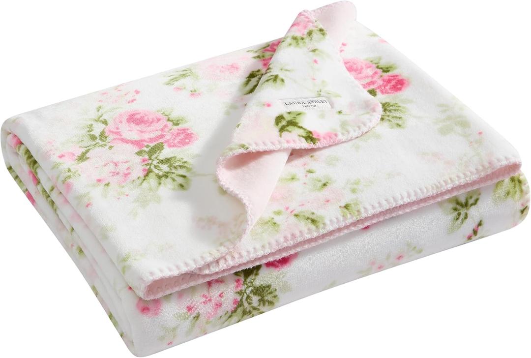 Laura Ashley - Plush Throw Blanket, 50x70, Soft and Warm with a Lightweight Feel, Reversible Floral and Dot Design, Ashfield Pink
