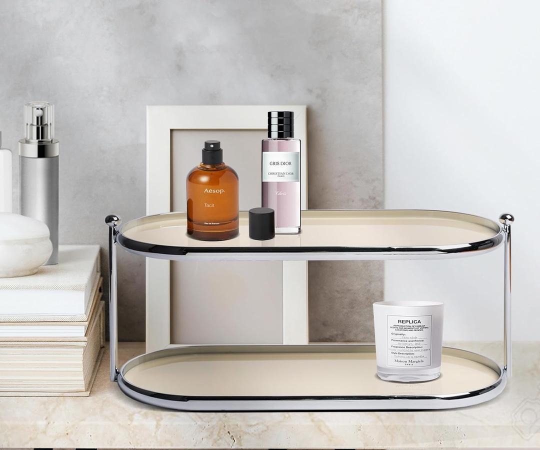 2 Tier Metal Frame Perfume Organizer in Stylish,and Minimalist Perfume Tray-Elegant Countertop Display Shelf for Skincare,Makeup,Trinket for Dresser,Vanity,Bathroom (Creamy White)