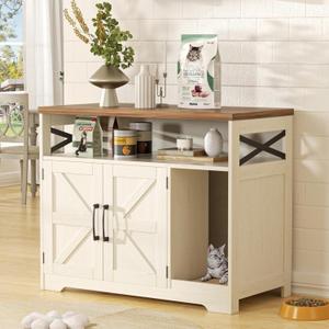 Halitaa Cat Litter Box Enclosure, Hidden Litter Box Furniture with Scratch Pad, Farmhouse Indoor Cat House Washroom End Table, White, Size: 31"L x 17"W x 28.5"H