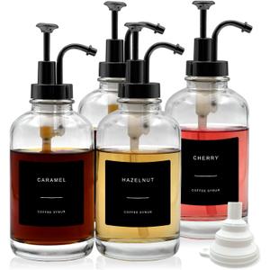 4-Pack Coffee Syrup Dispenser for Coffee Bar, 16.9 oz 500 ml Glass Syrup Bottle with 36 Labels, Syrup Pump Dispenser for Coffee Bar(Black pump)