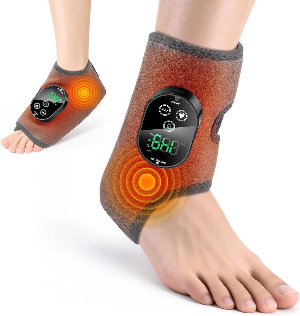 Cordless Ankle Heating Pad, Foot Massager with Heat for Pain Relief, Ankle Massager for Women and Men, Heated Foot Brace Wrap with 6 Heat Levels and 3 Vibration Modes Grey