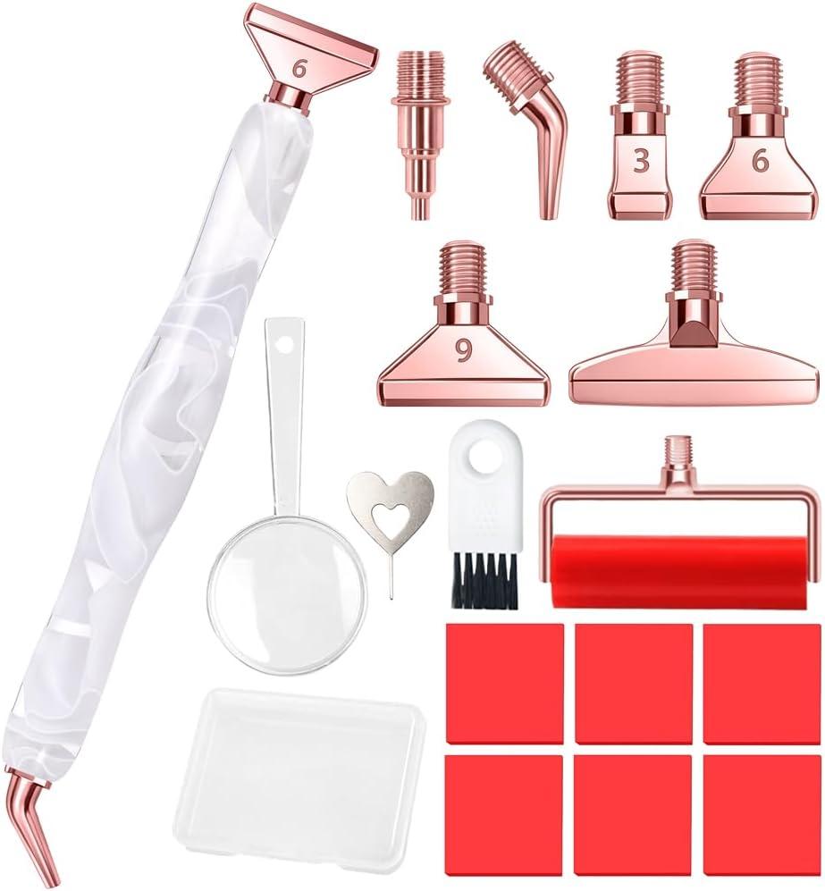 RaySoar Diamond Art Pens Diamond Art Tools Painting Pen with Screw Metal Tips Multi-Placer Tool Accessories for Adults Gem Rhinestone Picker Stylus White (Blooming White-Rose Gold tips)