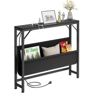 31.5'' Small Console Table with Charging Station and Storage, Entryway Table Narrow with Power Outlets and USB Ports, Skinny Sofa Table, for Living Room, Foyer, Entryway, Hallway, Black