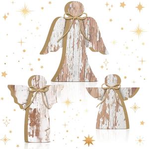 3 Pcs Rustic Angel Table Decor Indoor, Christmas Winter Wooden Standing Decorations Rustic Farmhouse Angel Figurine Tiered Tray Tabletop Centerpieces for Home Kitchen Fireplace Holiday Party