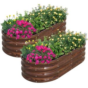 SnugNiture Galvanized Raised Garden Bed Outdoor, 2 Pcs 4x2x1ft Oval Metal Planter Box for Planting Plants Vegetables, Brown