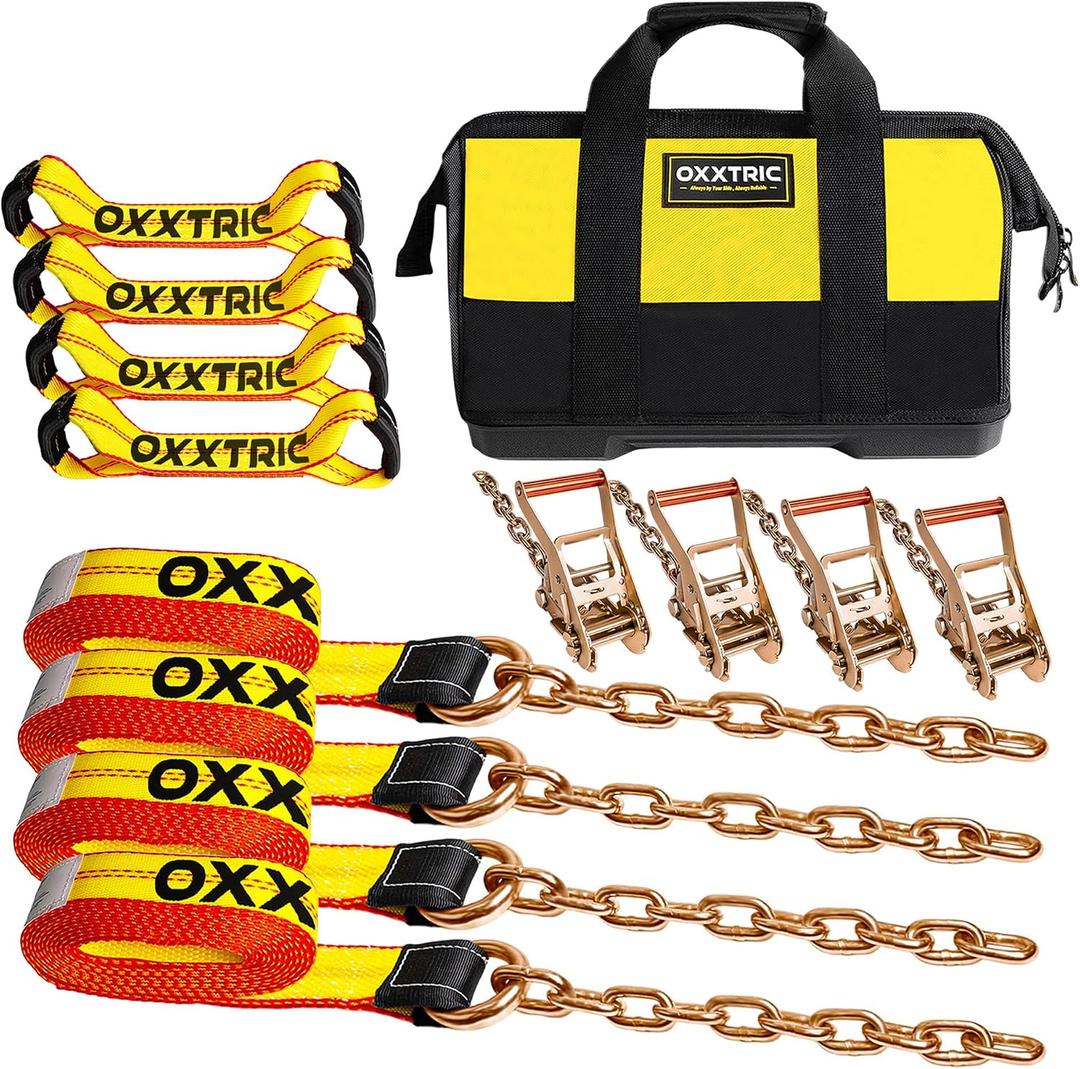 8 Point Roll Back Vehicle Tie Down Kit,Tow Truck Flatbed Straps with Chain Extension on Both Ends,WLL 3300 lbs,Heavy Duty Car Hauler Tire Over Wheel Tie Down Straps