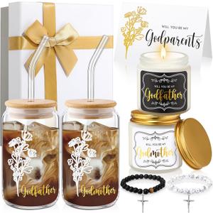 9 Pcs Godparents Proposal Gift Set Will You Be My Godmother Godfather Glass Cup Scented Candle Cross Bracelet Cards Box from Godchild Baptism Padrino Madrina Uncle Aunt Gifts