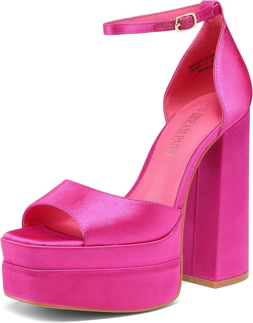 DREAM PAIRS High Heels Chunky Block Platform Heels for Women Ankle Strap Sexy Open Square Toe Heels Dressy Pumps Sandals (8, Hot Pink-satin)