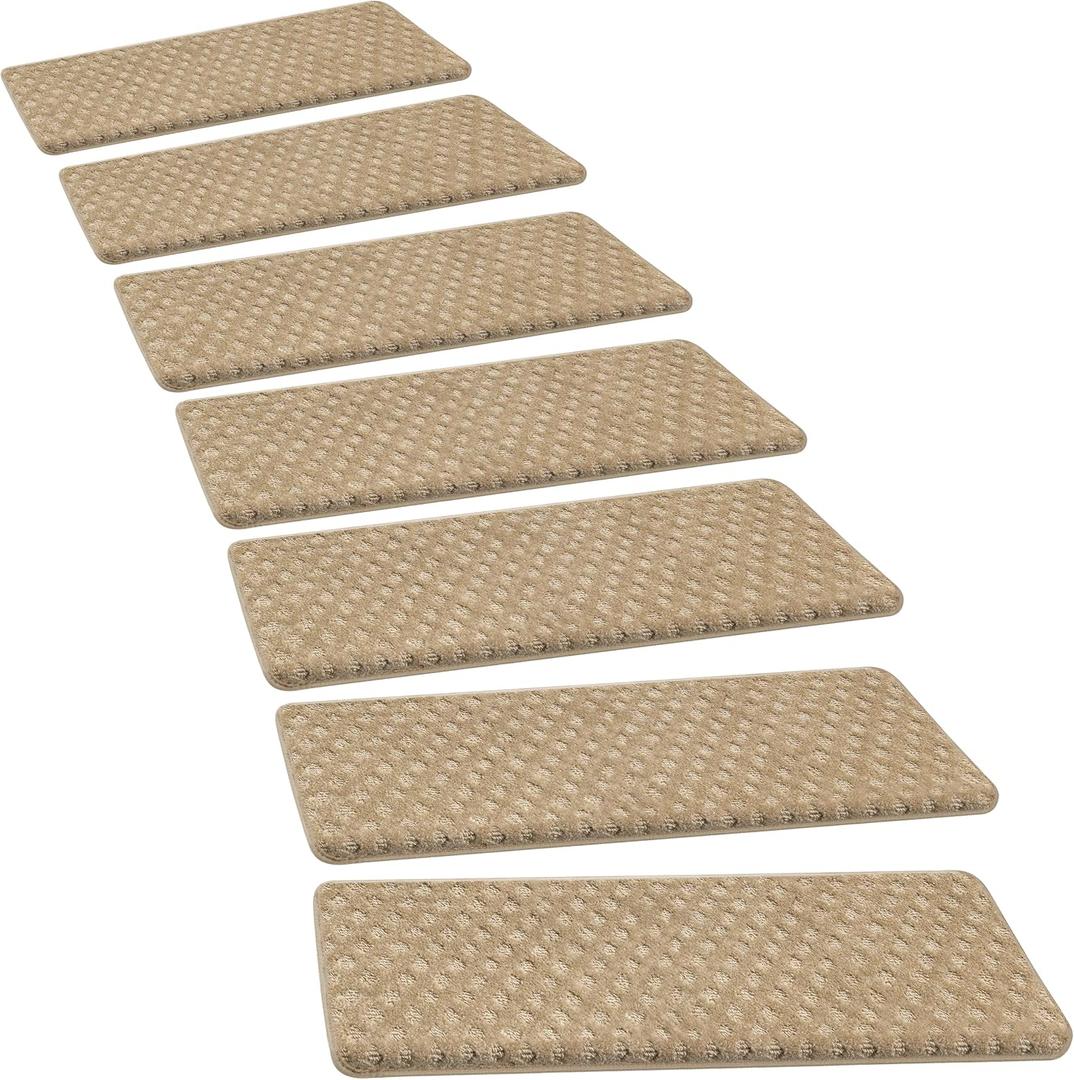 PURE ERA Bullnose Carpet Stair Treads Set Tape Free Non-Slip Indoor Stair Protectors Pet Friendly Rugs 9.5" x 30"(2 Pieces,Khaki Mini-Diamond Trellis), 2 Pieces with Bullnose