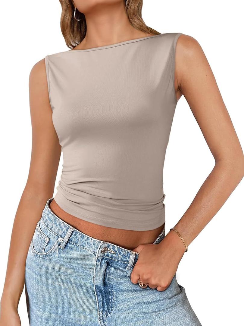 Imily Bela Womens Going Out Casual Tank Tops 2025 Trendy Summer Basic Sleeveless Backless T Shirts Cute Slim Fit Y2K Tee (Large, Grey)