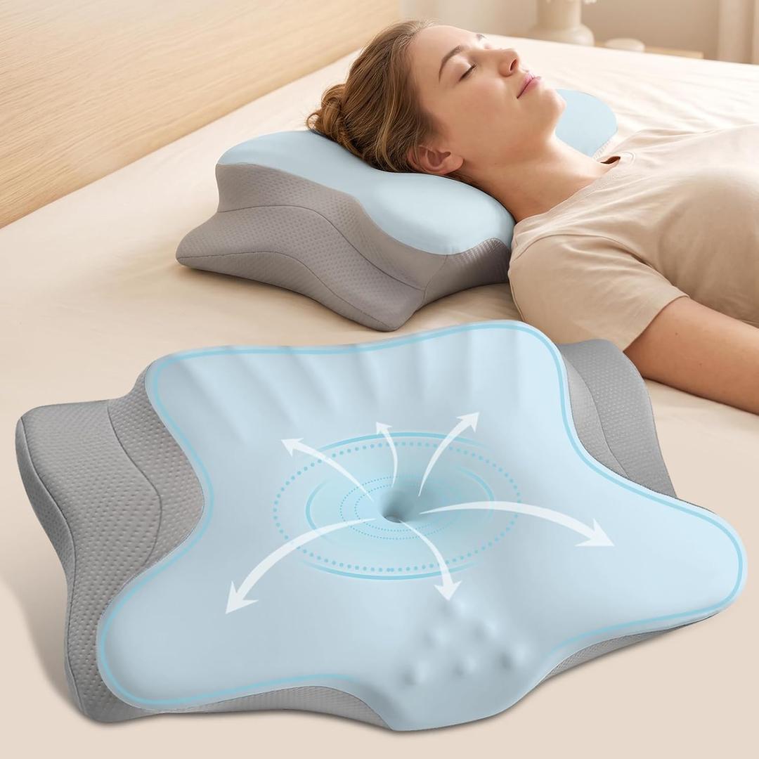 Ylekto Cervical Neck Pillow for Pain Relief - Contour Memory Foam Pillows for Sleeping, Ergonomic Pillow Side Sleeper Pillow for Neck Support, Orthopedic Bed Pillow for Sleepers (Blue & Grey)