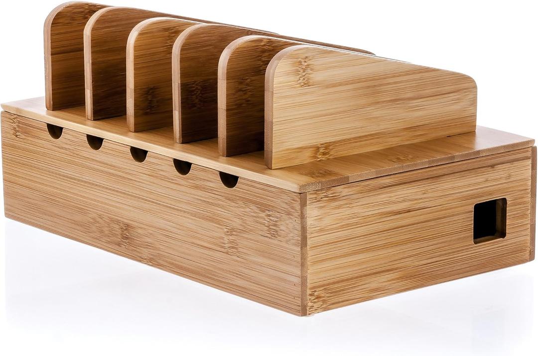 Prosumer's Choice Wooden Charging Station Organizer - 5-Port Base for Phones, Tablets and Laptops - Multi-Device Docking Station with Removable Divider Slots - Cord Box with Cable Management - Bamboo (Natural Bamboo)