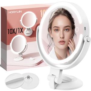 10X/1X Makeup Mirror with Lights and Magnification, 7.1 Wall Mounted Desktop Double-sided Magnifying Mirror with Suction Cup, 360Swivel Rechargeable Travel Vanity Mirror with 3 Colors & Dimmable (White)