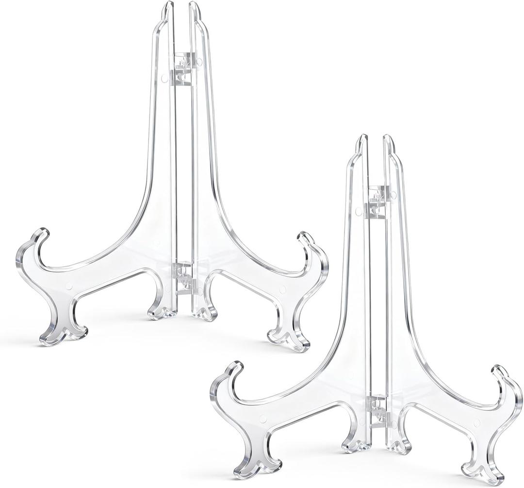 2 pcs 8" Clear Acrylic Display Stand/Plate Stands, Folding Display Plate Holder, Clear Acrylic Easel Stands for Home Office Tables Decoration