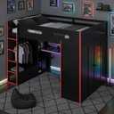 Merax Wood Full Size Gaming Loft Bed with Desk, Wardrobe, Ample Storage Space, and RGB LED Light for Bedroom, Red