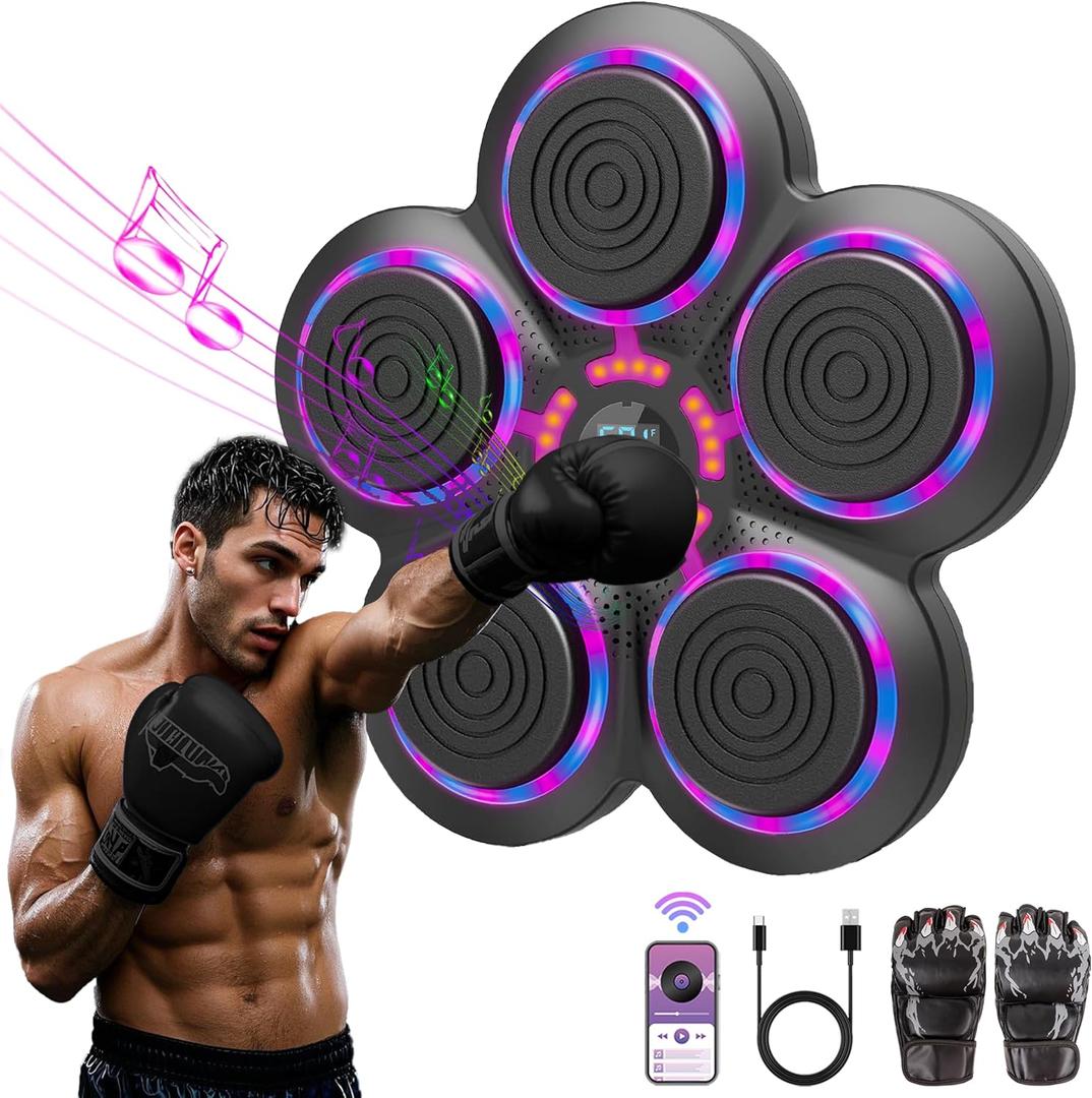 QEIFEII 2025 Music Boxing Machine with Boxing Gloves, Smart Bluetooth Boxing Trainer, Boxing Wall Mount Machine for Adults Kids, Electronic Boxing Target Fitness for Home Office Gym (Plum Blossom)
