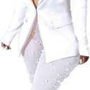 LKOUS Women's Sexy Blazer Pants Set V Neck Mesh Beading High Waist 2 Piece Outfit for Night Out Club Party (Large, White)