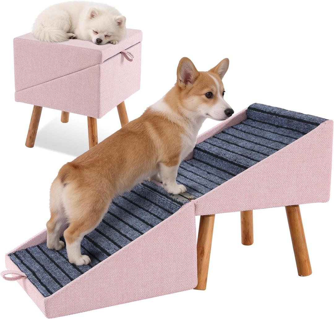 Dog ramp for Small Dogs, 2-in-1 Pet Steps & Ottoman - Foldable Dog ramp for Couch, Non-Slip Wooden Pet ramp for Puppy Senior Injured Dogs (Pink, XL(17.13H))