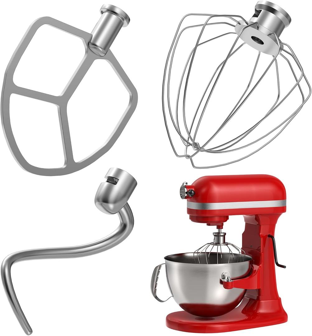 Stainless Steel Accessories 3 Piece Kit for KitchenAid 5.5 and 6 Quart Lift-Up Stand Mixers, Includes 5.5-6QT Flat Beater, Dough Hook, KN256WW 6-Wire Whisk for Kitchen Aid Attachments & 6 Qt Bowl