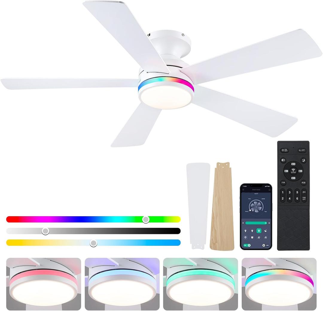 BYKISTOK 46" Flush Mount RGB Ceiling Fans with Lights - White Low Profile Ceiling Fan Light with Remote/APP, RGB+3CCT 6 Wind Speeds and Reversible, Modern Fan Light Fixture for Party, Kiad's Room