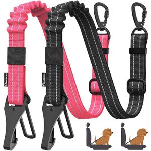 Pawaboo 2Pack Dog Seatbelt for Car, 3-in-1 Dog Car Seat Belt Bungee, Shockproof Dog Tether for Car with Buckle & Hook Latch, Adjustable Reflective Dog Harness Leash with 360 Lockable Buckle, Pink