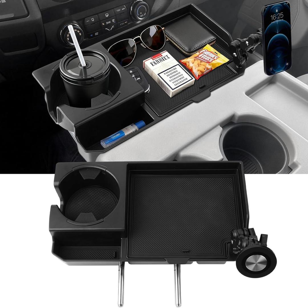 FIILINES Front Center Seat Headrest Organizer for 2011-2025 Ford F150 F250 F350 F450 F550 F650 Accessories, Coin Storage Box with Phone Holder and Large-Capacity Cup Holder (Jump Seat Only)