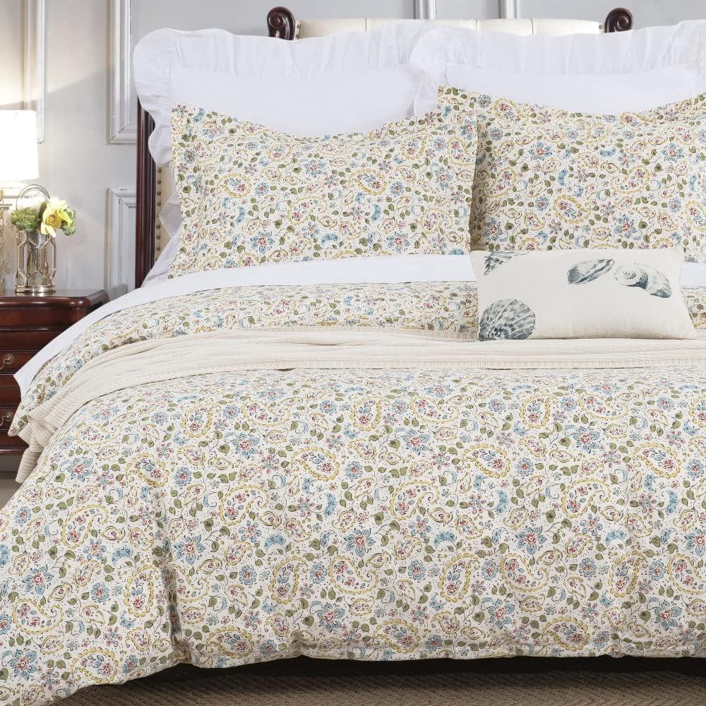 DAUAOTO King Size Duvet Cover Set - 104"x90" Cover + 2 Shams, 100% Cotton Bedding Sets Farmhouse Paisley Pattern Yellow