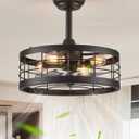 LEDIARY 16.5 inch Black Caged Ceiling Fan with Light, Fandelier Industrial Ceiling Fan with Remote, Farmhouse Fan Lights Ceiling Fixtures for Kitchen, Bedroom, Outdoor6 Speed, Timing-Black