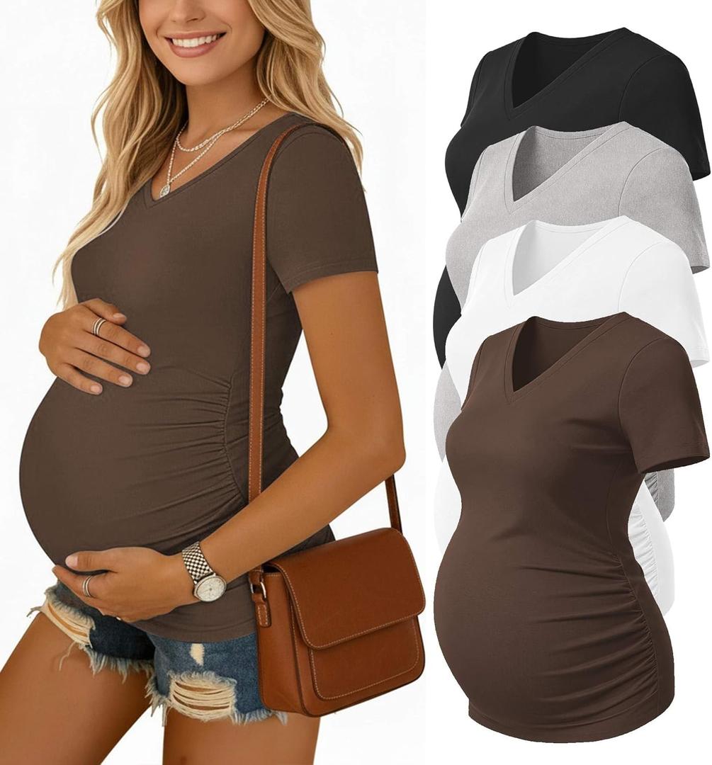 Ekouaer 4 Pack Maternity Shirts V Neck Maternity Top Short Sleeve Casual Tee Side Ruched Pregnancy Clothes L
