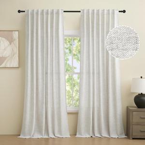 Novecozy Natural Linen Curtains 90 Inch Length, Farmhouse Rod Pocket Back Tab Linen Textured Light Filtering Soft Semi Sheer Window Treatment Drapes for Bedroom Living Room,2 Panels Set, White