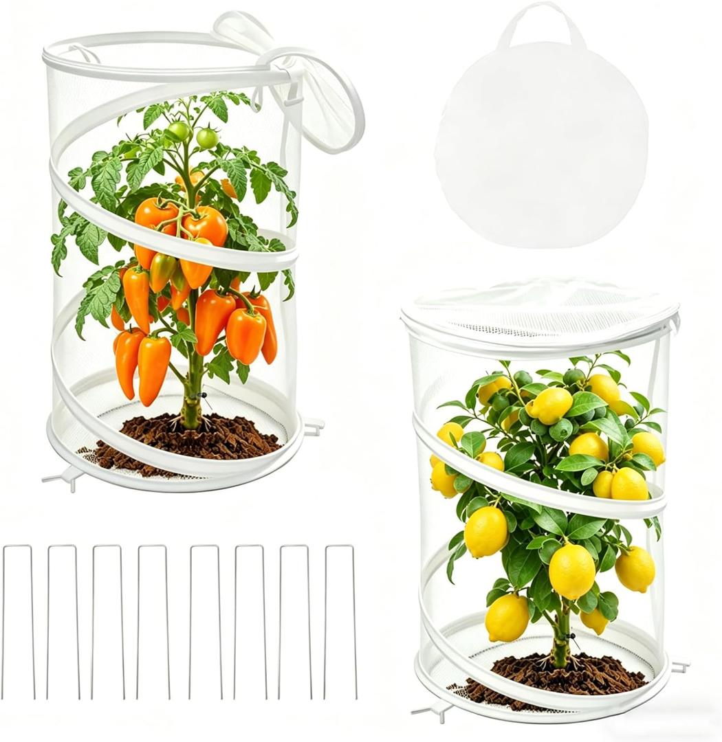 2-Pack Pop Up Plant Covers, Heavy Duty 18"x24" Mesh Plant Cover & Garden Cloche with Ground Stakes, Windproof Plant Protector Tent for Tomato & Strawberry (Protection from Birds & Animals)