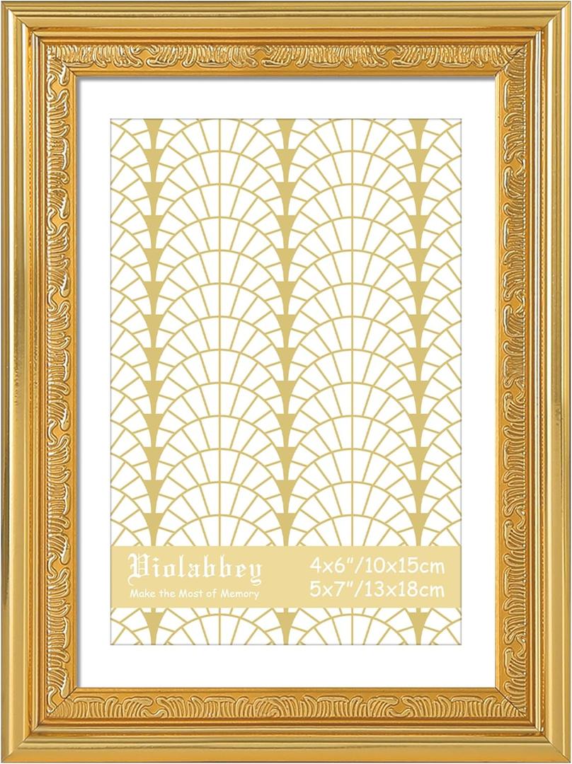 VIOLABBEY 5x7 Gold Picture Frame, Display 4x6 Photo with Mat or 5x7 without Mat, Ornate Vintage 5 x 7 Gold Frame for Wall Decor or Tabletop Display