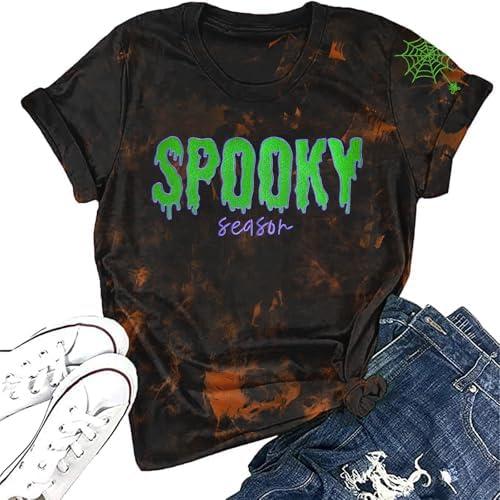 ELDPS Halloween Shirts Women: Embroidered Spooky Season T Shirt Retro Spooky Graphic Short Sleeve Tops Size S