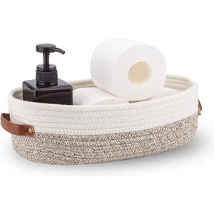 Woven Storage Basket for Toilet Tank Top, Farmhouse Home Decor Organizing Basket for Bathroom, Table and Counter 13"x5.9"x4" Apricot Stitching White