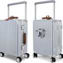 20 Inch Zipperless Carry On Luggage PC Aluminum Frame Suitcase | Hard Shell Suitcase With Spinner Wheels, 22x14x9 Airline Approved , Wide Handle, Cup Holder, TSA Lock, Silver&Brown