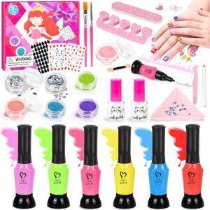 EULRGAUS Kids Nail Polish Set for Girls, Peelable Non Toxic Nail Polish with Nail Powder & DIY Nail Stickers, Water-Based Nail Art Kit, Gift Set and Girls Toys Age 8+