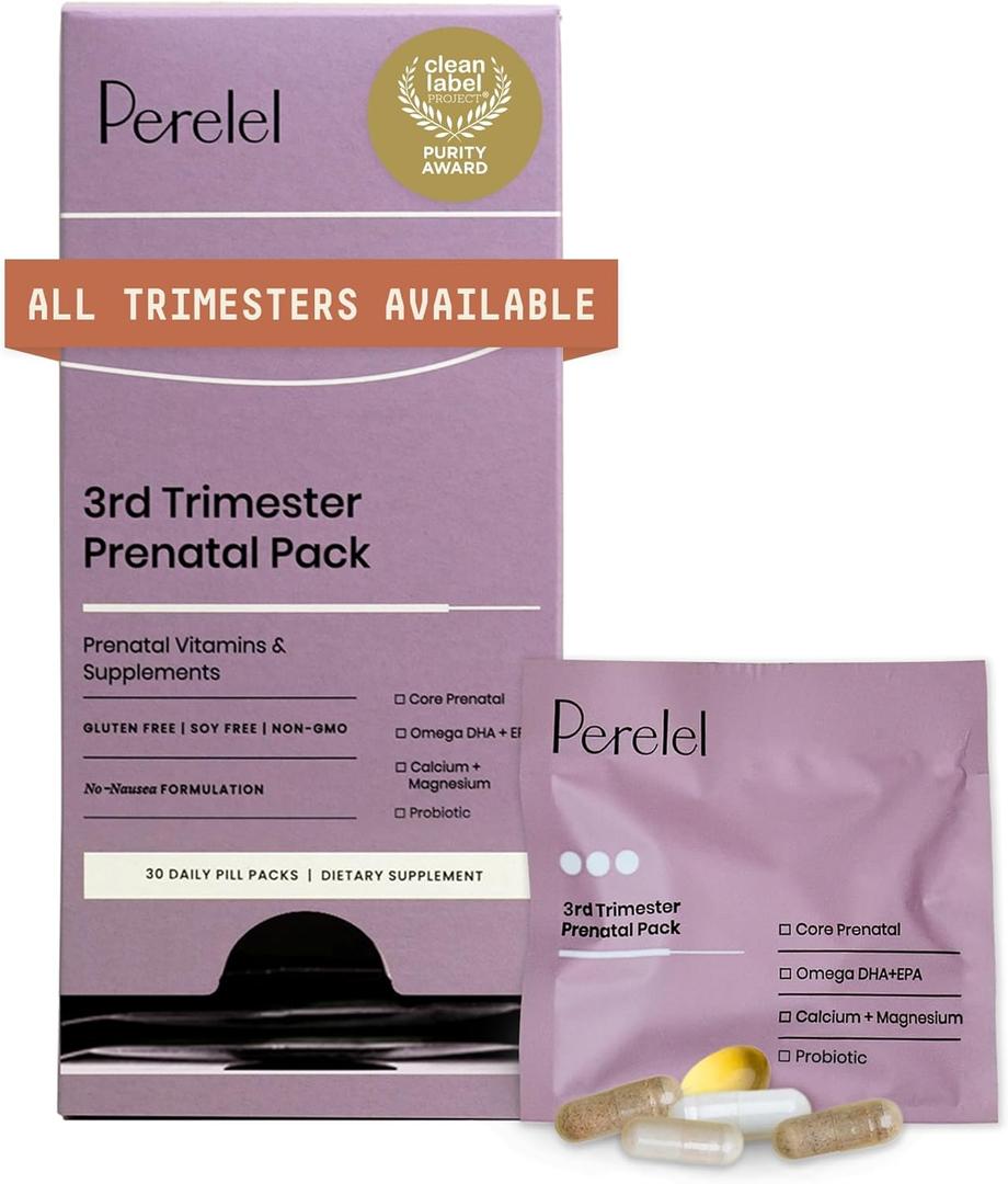 Perelel 3rd Trimester Prenatal Pack, Multivitamin with Magnesium, Omega 3, Probiotics & Calcium, Nutritional Support for Third Trimester Wellness, Soy & Gluten Free, Non GMO, 30 Daily Pill Packs